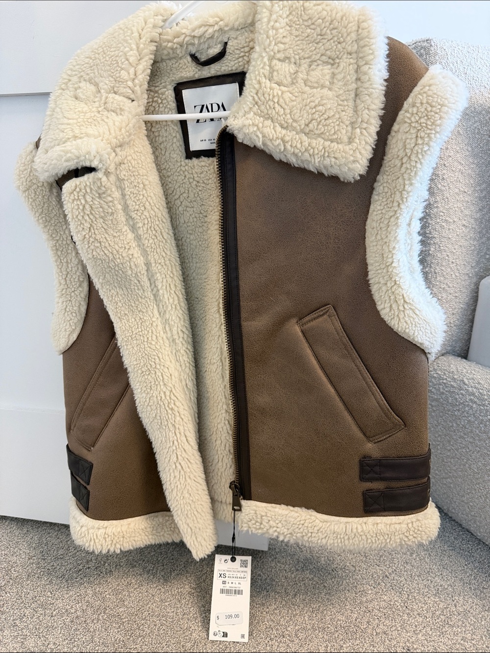 Zara Brown Faux-Suede Vest with Cream Sherpa Lining